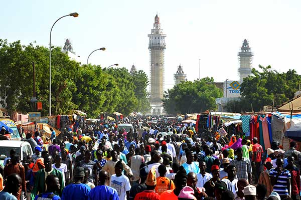 Crowds of pilgrims gathered at the Great Mosque of Touba during the Grand Magal August 2025