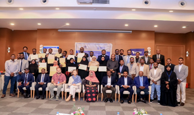 State Minister of Somalia-FMOH, Her Excellence Dr. Maryan (centre) at the graduation ceremony of cohort 6, on 23rd Jan 2025, at Decale Hotel Mogadishu Somalia.