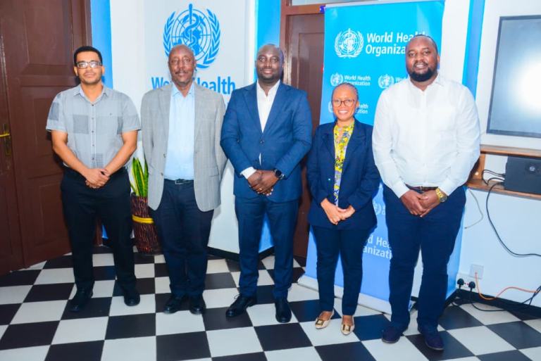 L-R: Dr Ally Hussein (AFENET, Tanzania), Dr Alex Gasasira (WHO Rep, Tanzania), Dr Herbert Kazoora, AFENET), Ms Maria Kelly (Lab Scientist- WHO Tanzania), Mr Patrick Kamugumya ( AFENET, Tanzania)
