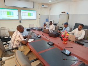 Preparing training sessions (budget discussion) with the Chadian Ministry of Health. From left to right: Martin - AFENET Administrator, Ministry Intern, Ouya - Training Manager, Ministry, Dr. Yaya Ballayira - AFENET Polio Coordinator, Ministry Intern