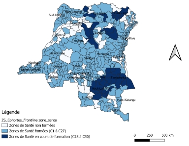 In total, twenty-seven cohorts were trained and 667 agents from the Ministries of Public Health, Hygiene and Social Welfare, Fisheries and Livestok and the Environment graduated with 662 active across the twenty-six provinces of the DRC, among which 139 women (21%) and 523 (79%) including 521 (78.7%) Epidemiologists (Doctors and Nurses), 67 (10.1%) Laboratory Technicians, 36 (5.4%) Veterinarians, 32 (4.8%) other profiles and 6 (1%).